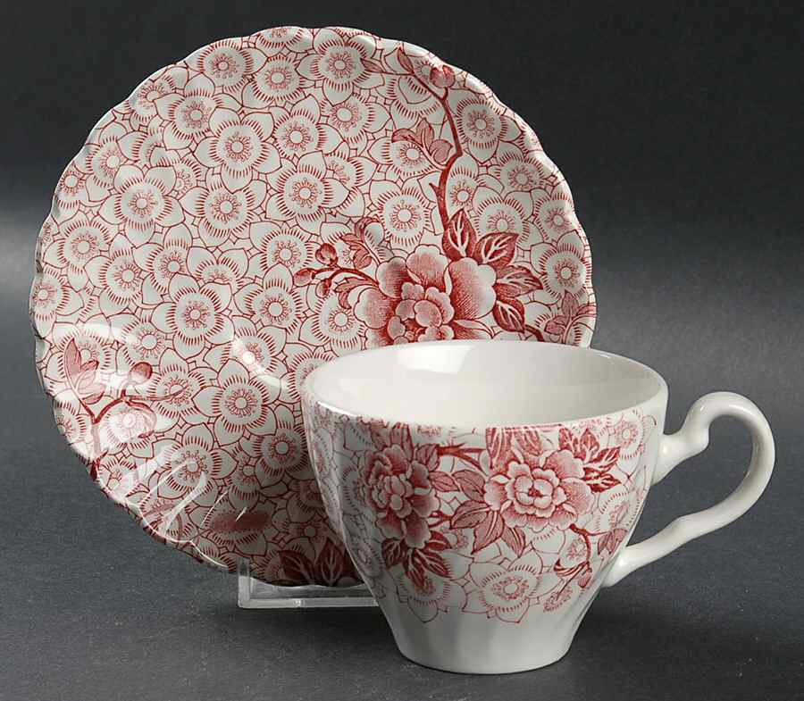 Lotus Red Pink Flat Cup & Saucer Set by Johnson Brothers-1