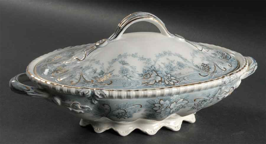 Marlboro Blue Gray (Gold Trim) Oval Covered Vegetable by Johnson Brothers-1