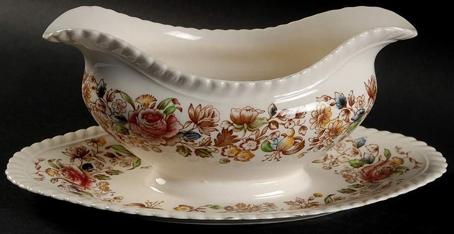 Margaret Rose Brown Multi Gravy Boat with Attached Underplate by Johnson Brothers-1