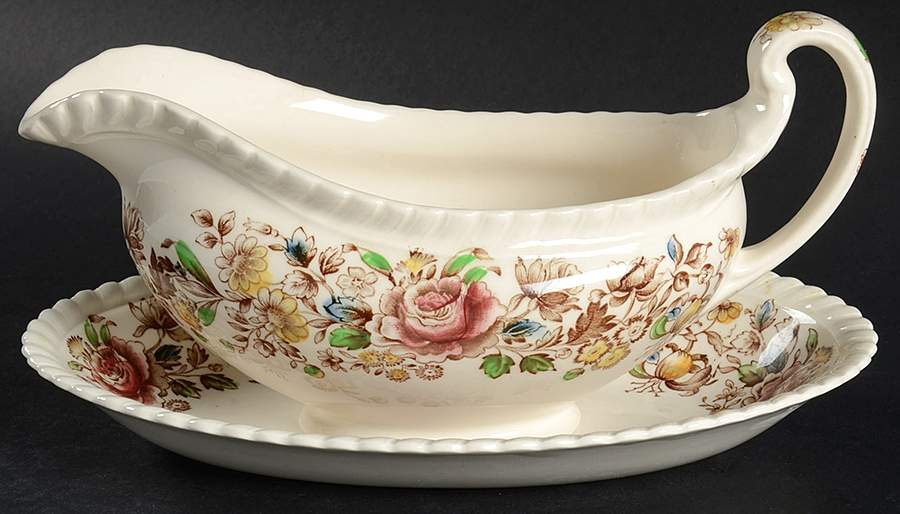 Margaret Rose Brown Multi Gravy Boat & Underplate/Relish by Johnson Brothers-1