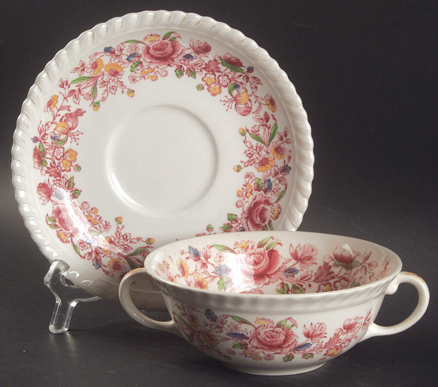 Margaret Rose Pink Multicolor Flat Cream Soup Bowl & Saucer Set by Johnson Brothers-1