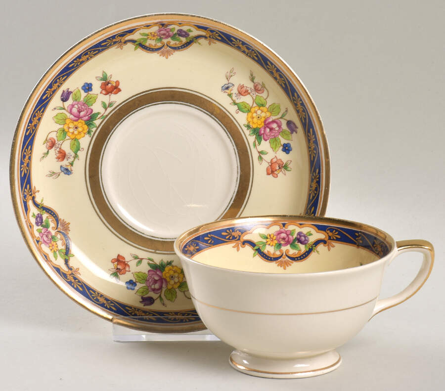 Mayfair (Floral Center, Gold Trim) Footed Cup & Saucer Set by Johnson Brothers-1