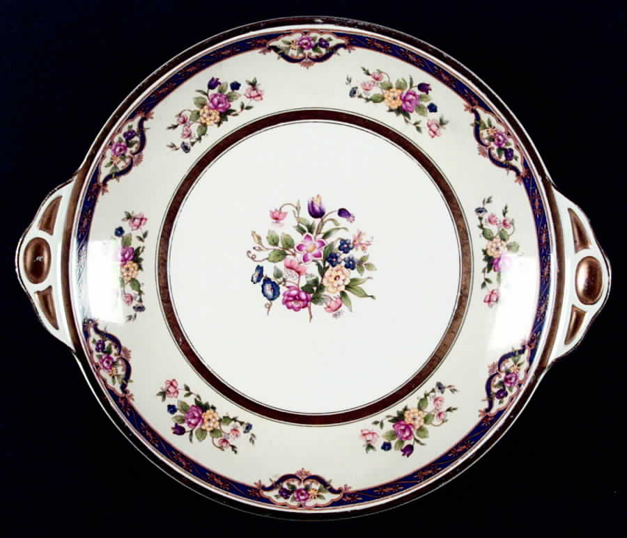 Mayfair (Floral Center, Gold Trim) Handled Cake Plate by Johnson Brothers-1