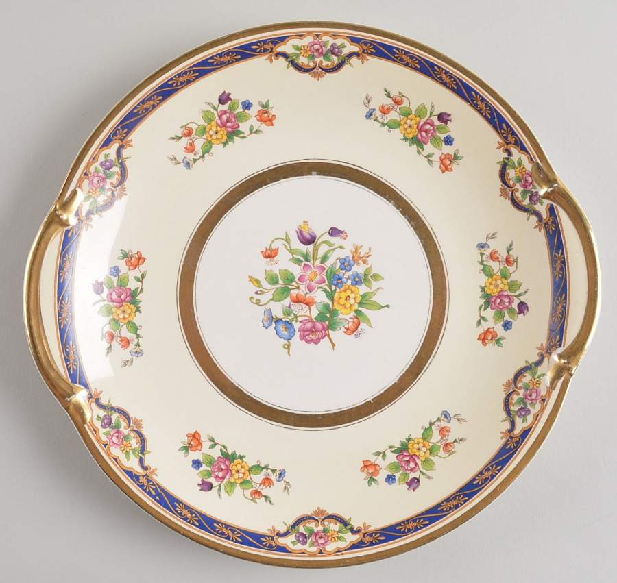 Mayfair (Floral Center, Gold Trim) Handled Cake Plate by Johnson Brothers-1