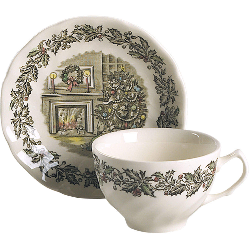 Merry Christmas ("A Genuine Hand Engraving") Flat Cup & Saucer Set by Johnson Brothers-1