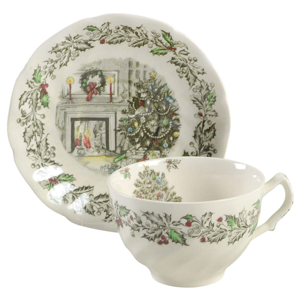 Merry Christmas ("A Genuine Hand Engraving") Flat Cup & Saucer Set by Johnson Brothers-1