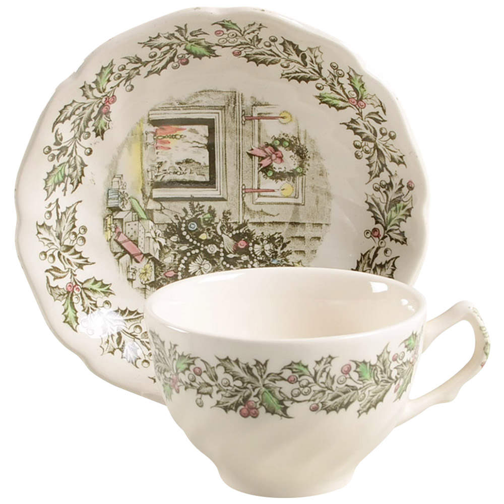 Merry Christmas ("A Genuine Hand Engraving") Flat Cup & Saucer Set by Johnson Brothers-1