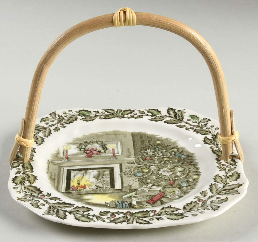 Merry Christmas ("A Genuine Hand Engraving") 5 3/8"-5 5/8" Bamboo Handled Serving Plate  HC by Johnson Brothers-1