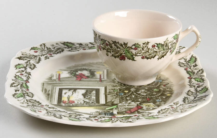 Merry Christmas ("A Genuine Hand Engraving") Snack Plate & Cup Set by Johnson Brothers-1