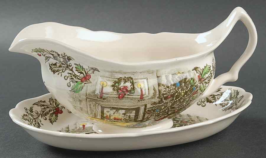 Merry Christmas ("A Genuine Hand Engraving") Gravy Boat & Underplate/Relish by Johnson Brothers-1