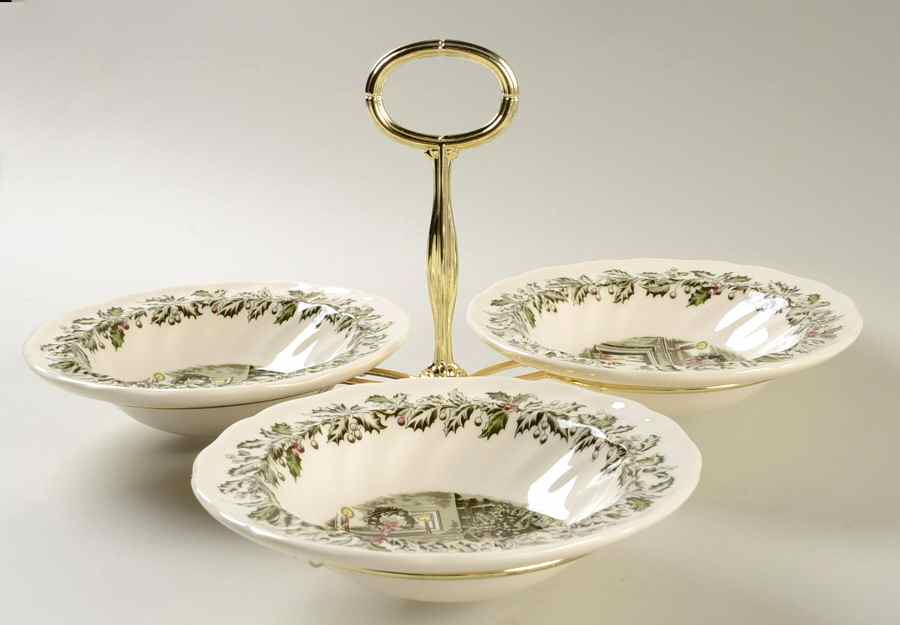 Merry Christmas ("A Genuine Hand Engraving") 7" x 12" 3-Part Relish & Metal Stand (FR) HC by Johnson Brothers-1