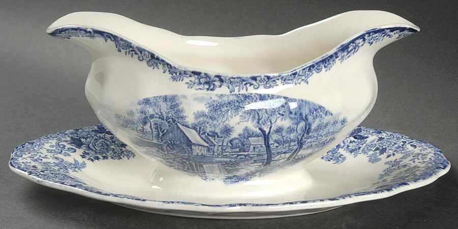 Millstream Blue Gravy Boat with Attached Underplate by Johnson Brothers-1