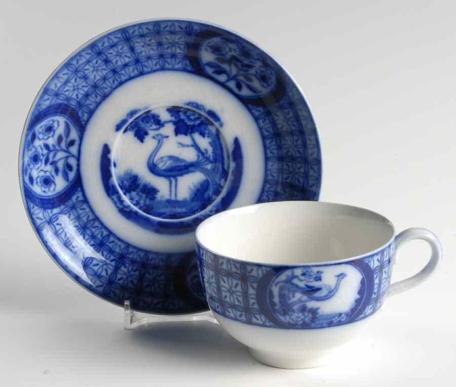 Mongolia (Flow Blue) Flat Cup & Saucer Set by Johnson Brothers-1