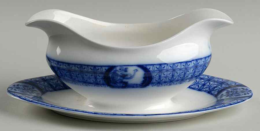 Mongolia (Flow Blue) Gravy Boat with Attached Underplate by Johnson Brothers-1