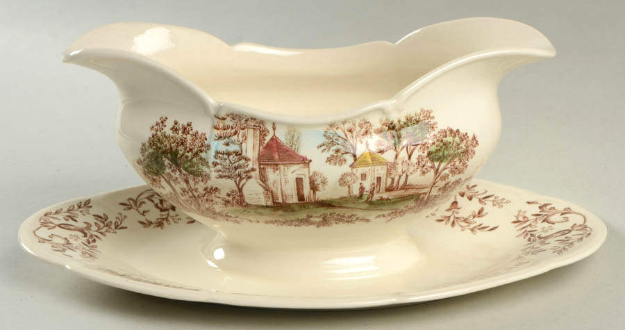 Mount Vernon Brown Multicolor Gravy Boat with Attached Underplate by Johnson Brothers-1