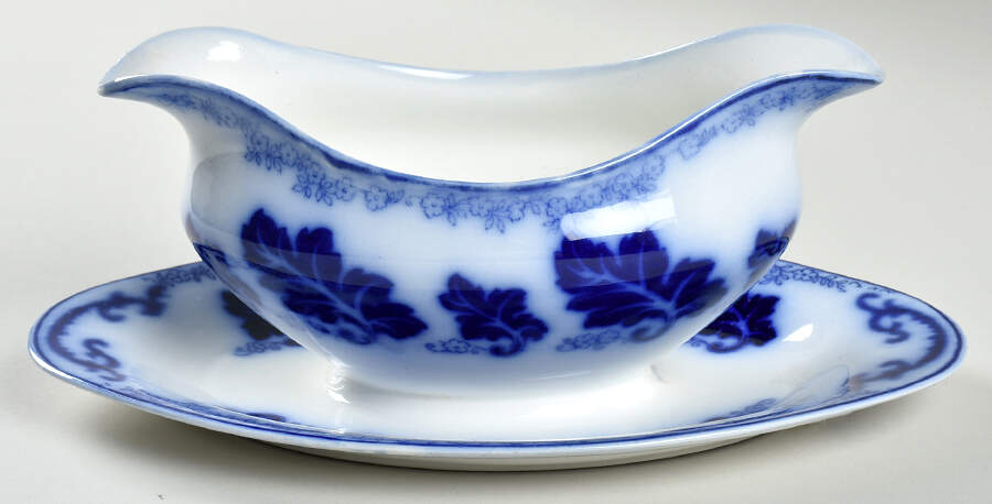 Normandy (Flow Blue) Gravy Boat with Attached Underplate by Johnson Brothers-1