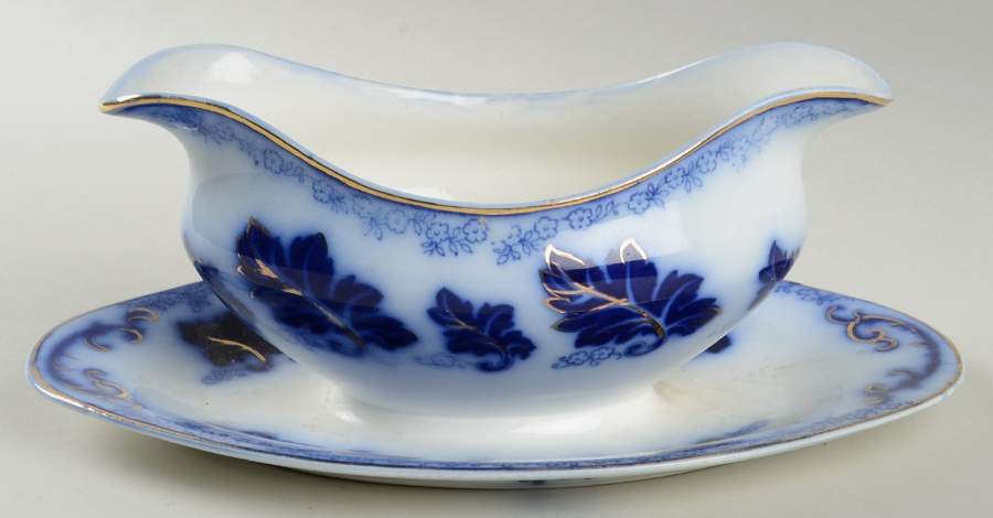 Normandy (Flow Blue) Gravy Boat with Attached Underplate by Johnson Brothers-1
