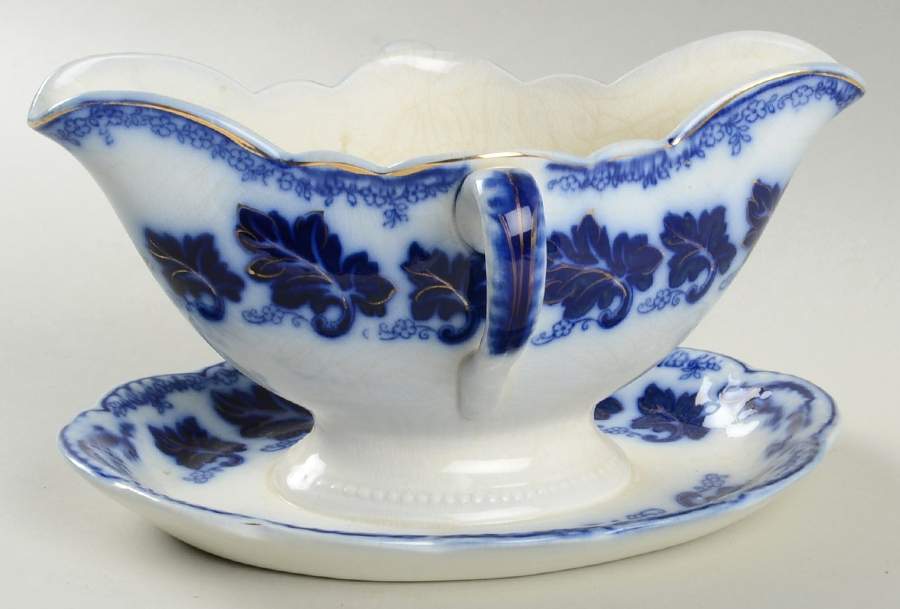 Normandy (Flow Blue) Gravy Boat with Attached Underplate by Johnson Brothers-1
