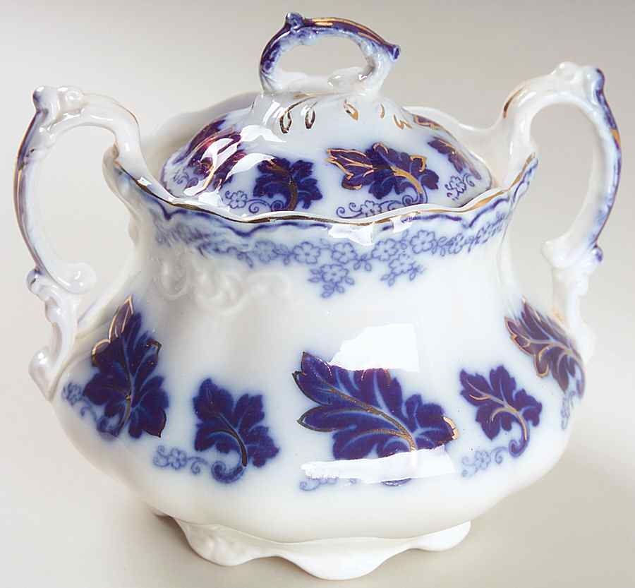 Normandy (Flow Blue) Sugar Bowl & Lid by Johnson Brothers-1