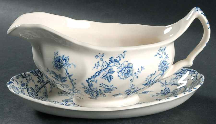 Old Bradbury Blue (Cream Background) Gravy Boat & Underplate by Johnson Brothers-1