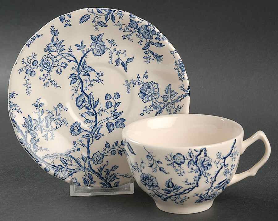 Old Bradbury Blue (Cream Background) Flat Cup & Saucer Set by Johnson Brothers-1