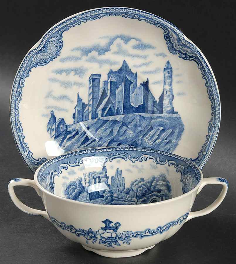 Old Britain Castles Blue (Made in England) Flat Cream Soup Bowl & Saucer Set by Johnson Brothers-1