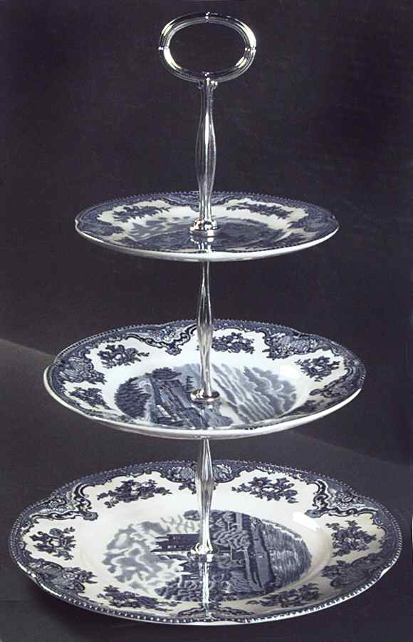 Old Britain Castles Blue (Made in England) 13 7/8"-14 1/4" 3-Tiered Serving Tray(DP,SP,BB) HC by Johnson Brothers-1