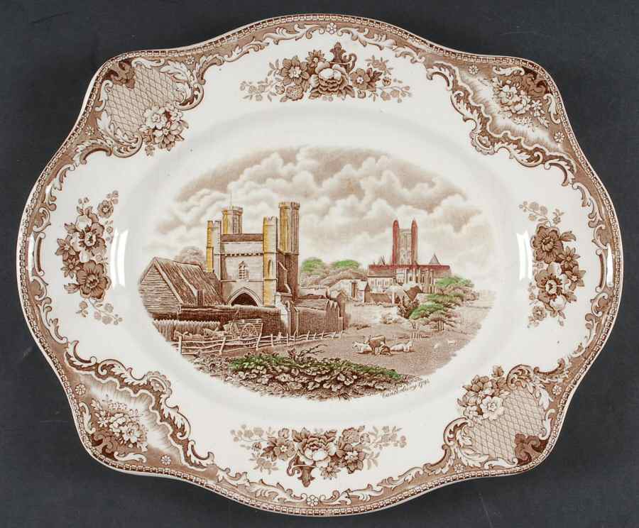 Old Britain Castles Brown Multicolor 13" Oval Serving Platter by Johnson Brothers-1