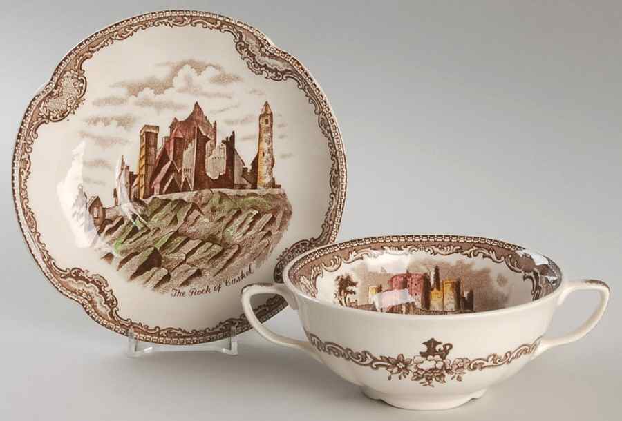 Old Britain Castles Brown Multicolor Footed Cream Soup Bowl & Saucer Set by Johnson Brothers-1