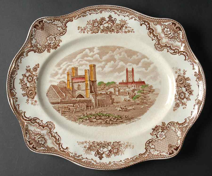 Old Britain Castles Brown Multicolor 14" Oval Serving Platter by Johnson Brothers-1