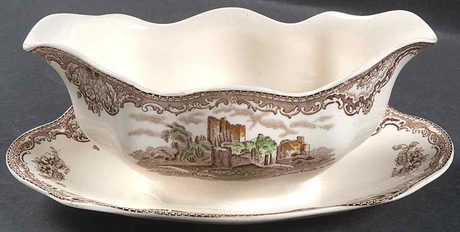 Old Britain Castles Brown Multicolor Gravy Boat with Attached Underplate by Johnson Brothers-1