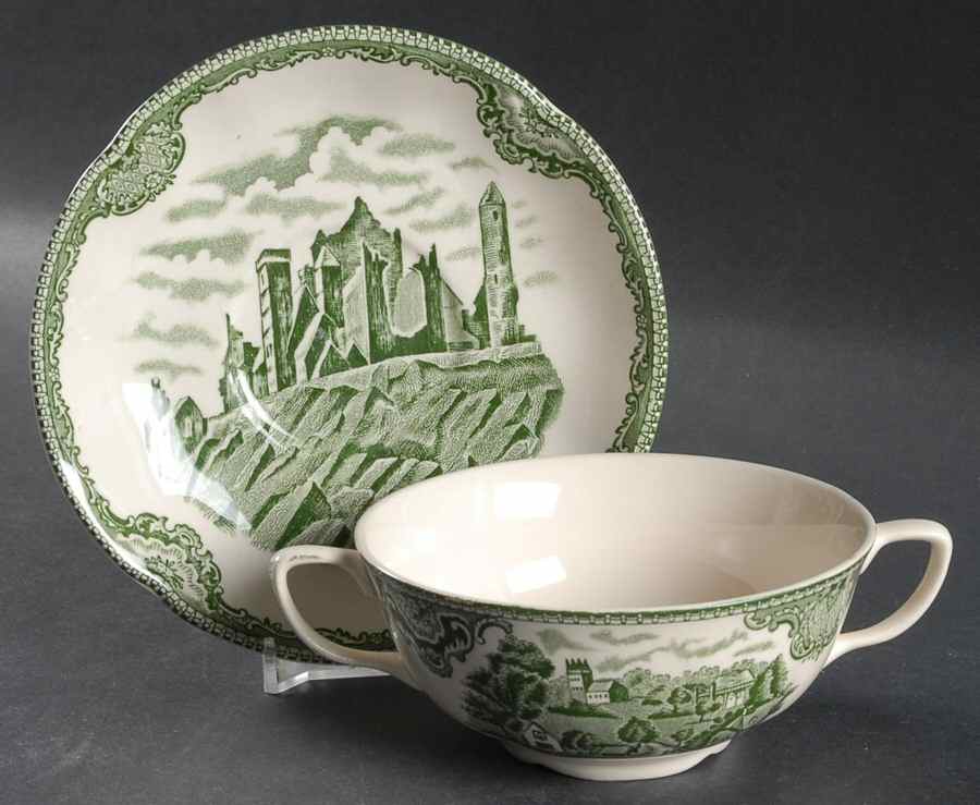 Old Britain Castles Green Flat Cream Soup Bowl & Saucer Set by Johnson Brothers-1