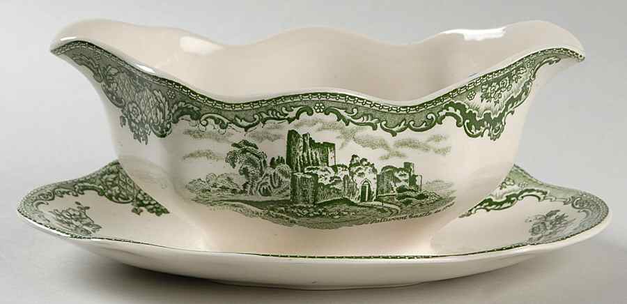 Old Britain Castles Green Gravy Boat with Attached Underplate by Johnson Brothers-1