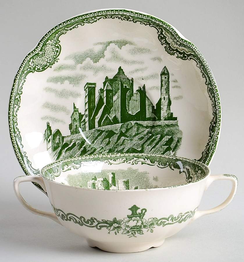Old Britain Castles Green Flat Cream Soup Bowl & Saucer Set by Johnson Brothers-1