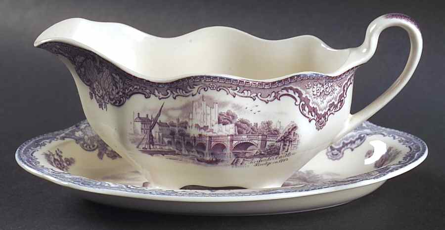 Old Britain Castles Lavender (Not Ribbed) Gravy Boat & Underplate/Relish by Johnson Brothers-1