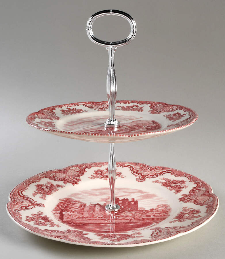 Old Britain Castles Pink (No Crown Made England) 6 5/8"-10"  2 Tiered Serving Tray (Dp, Sp) HC by Johnson Brothers-1
