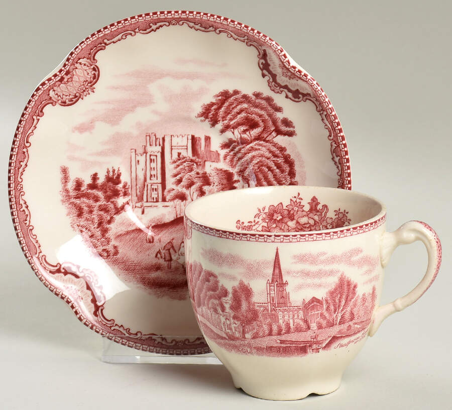 Old Britain Castles Pink (No Crown Made England) Flat Cup & Saucer Set by Johnson Brothers-1