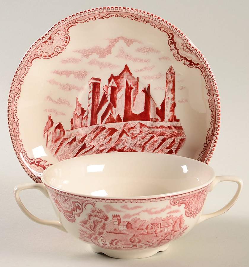 Old Britain Castles Pink (No Crown Made England) Flat Cream Soup Bowl & Saucer Set by Johnson Brothers-1