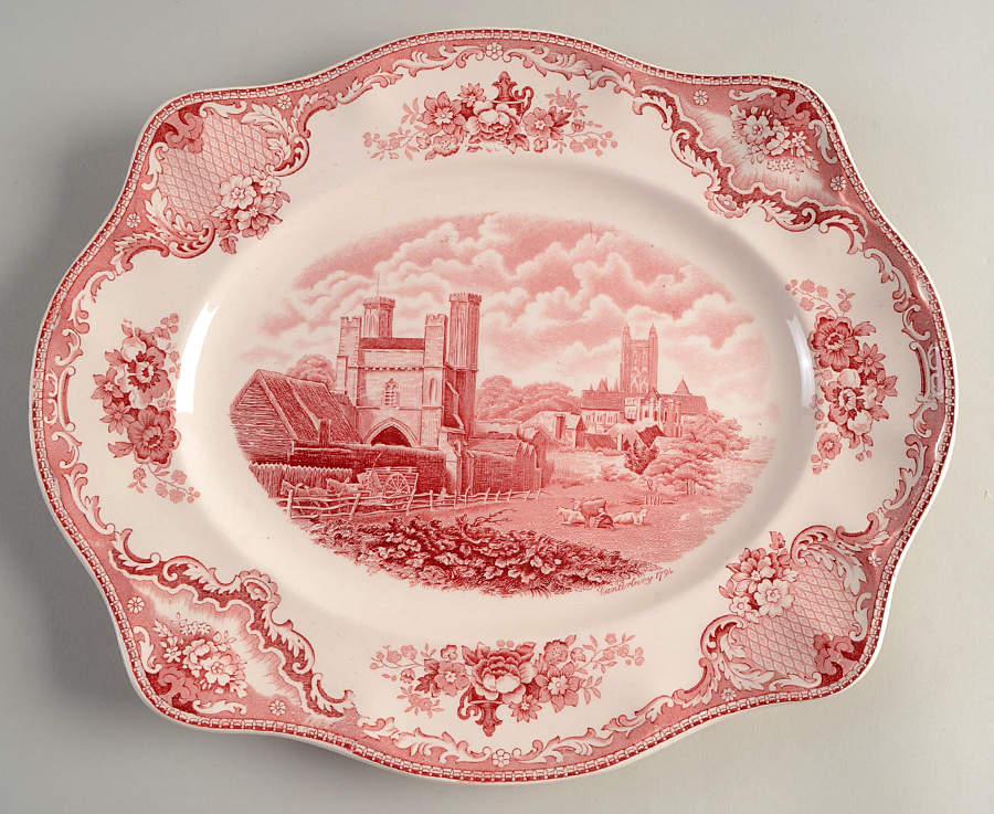 Old Britain Castles Pink (Crown Made In England) 13" Oval Serving Platter by Johnson Brothers-1