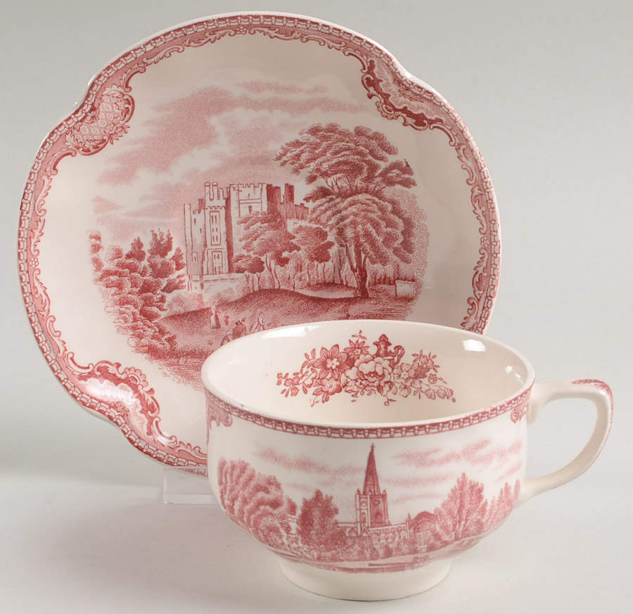 Old Britain Castles Pink (Crown Made In England) Footed Cup & Saucer Set by Johnson Brothers-1
