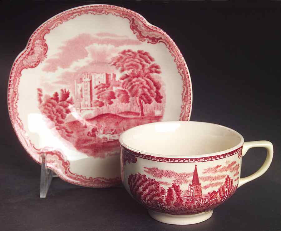 Old Britain Castles Pink (Crown Made In England) Footed Cup & Saucer Set by Johnson Brothers-1