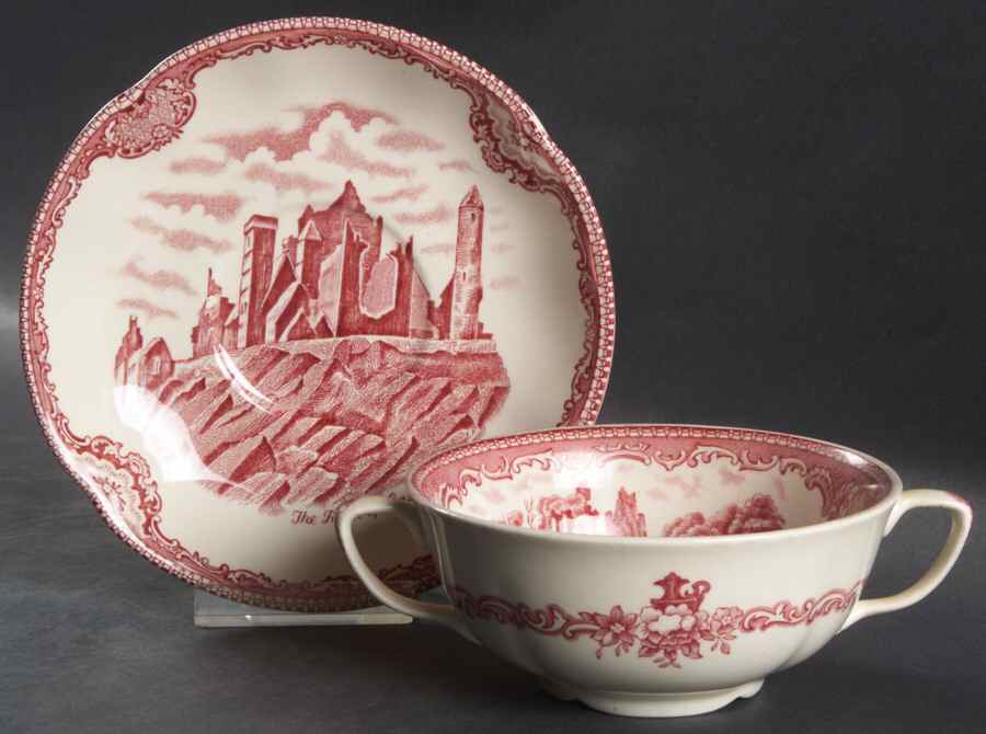 Old Britain Castles Pink (Crown Made In England) Flat Cream Soup Bowl & Saucer Set by Johnson Brothers-1
