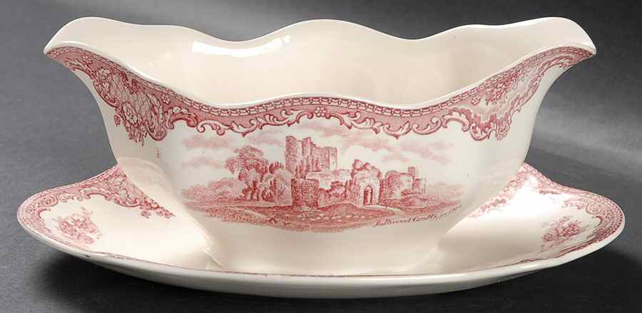 Old Britain Castles Pink (Crown Made In England) Gravy Boat with Attached Underplate by Johnson Brothers-1