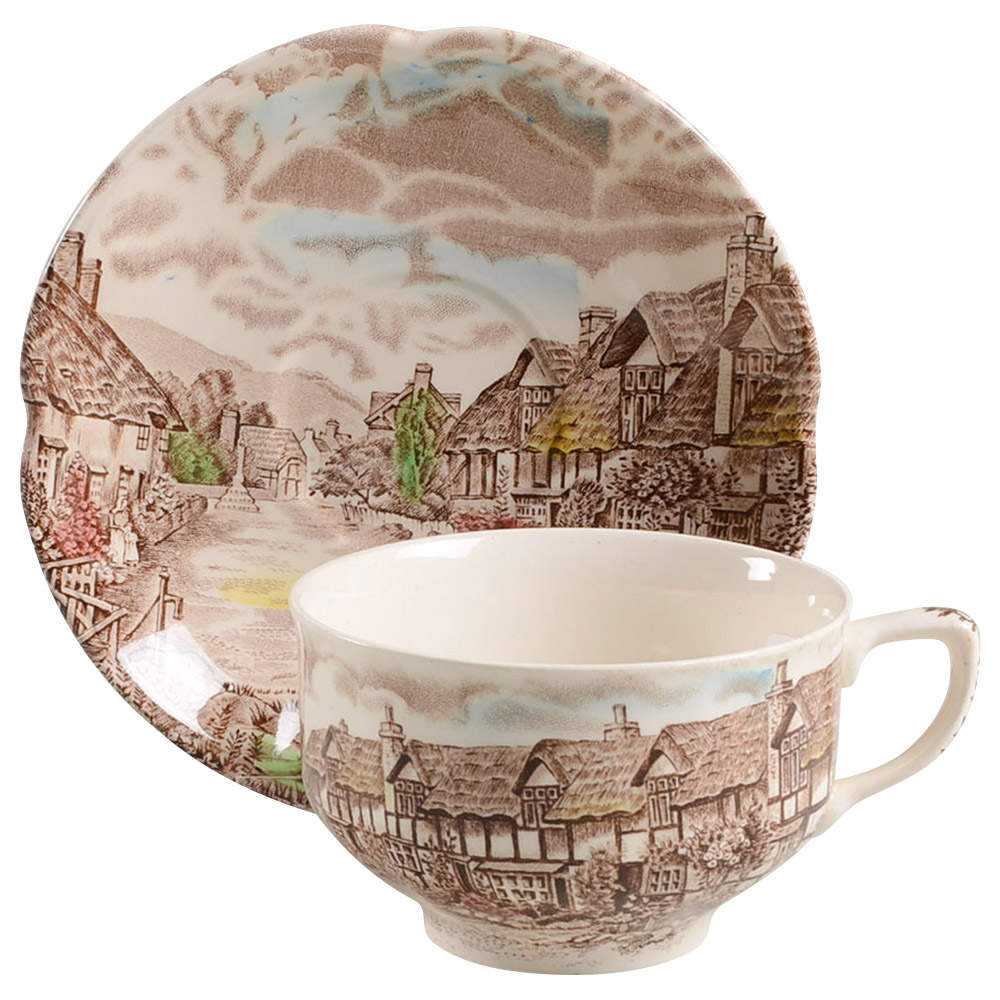 Olde English Countryside Brown Multicolor Flat Cup & Saucer Set by Johnson Brothers-1