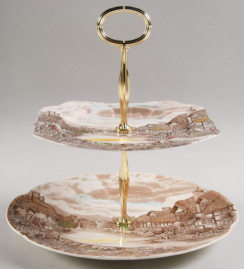 Olde English Countryside Brown Multicolor 6 5/8"-10"  2 Tiered Serving Tray (Dp, Sp) HC by Johnson Brothers-1