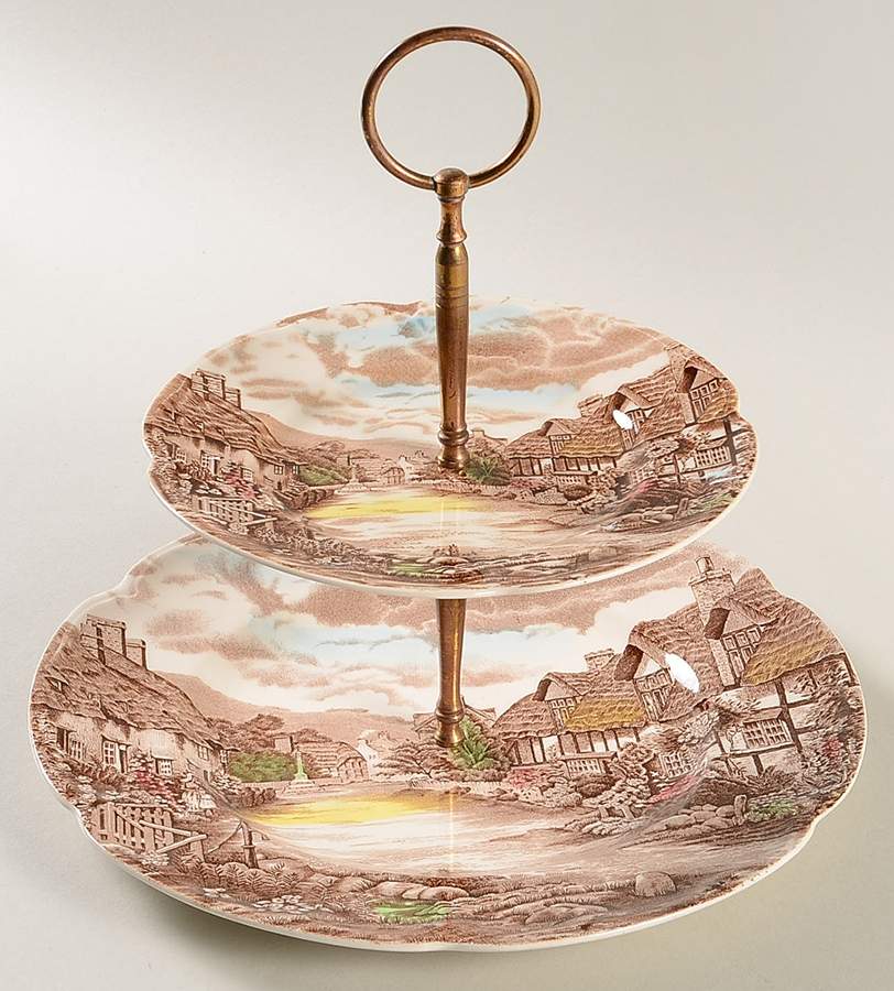 Olde English Countryside Brown Multicolor 2 Tiered Serving Tray (Dinner & Dessert Plates) by Johnson Brothers-1