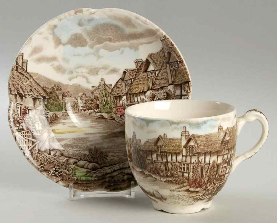 Olde English Countryside Brown Multicolor Flat Cup & Saucer Set by Johnson Brothers-1