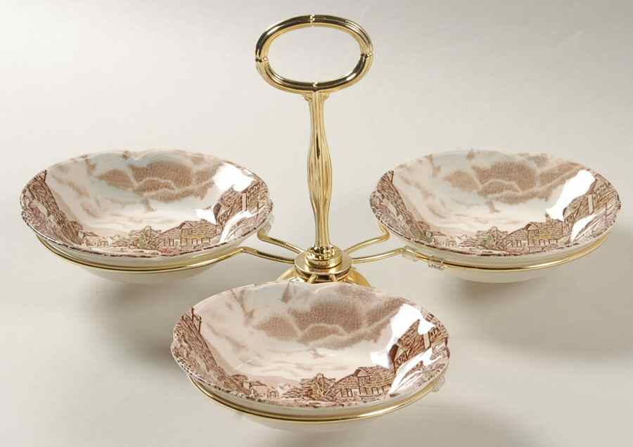 Olde English Countryside Brown Multicolor 7" x 12" 3-Part Relish & Metal Stand (FR) HC by Johnson Brothers-1