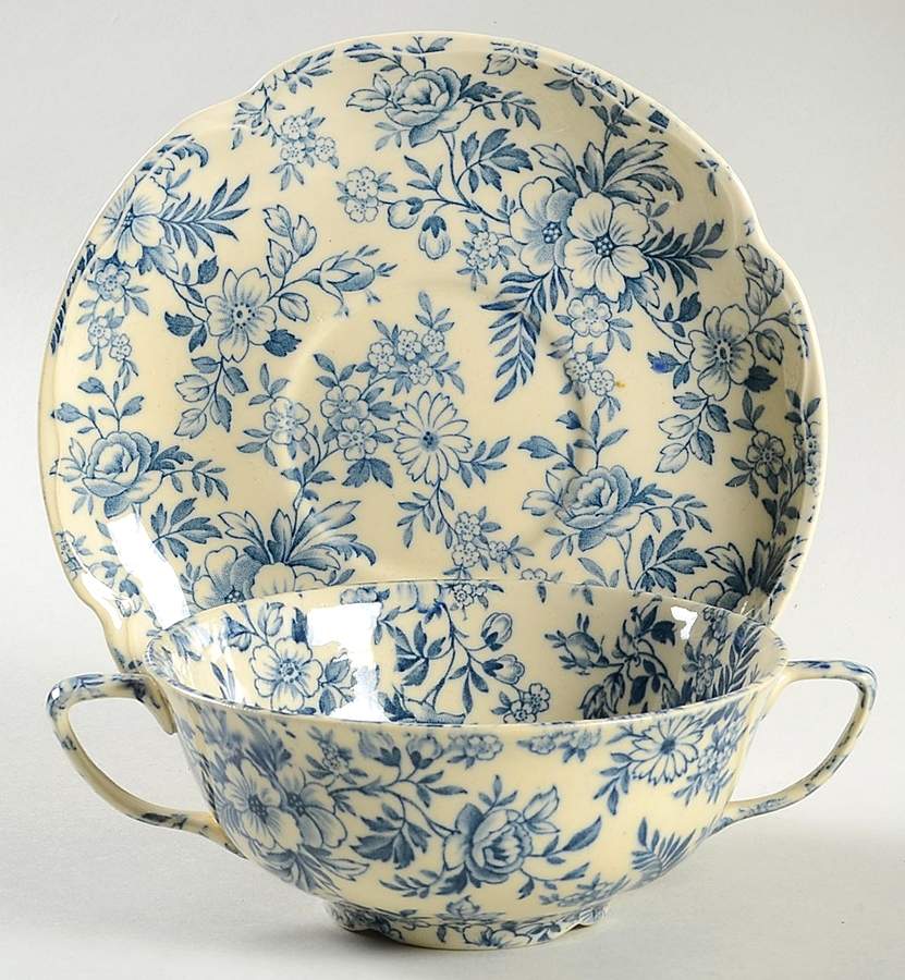 Old English Chintz Blue Flat Cream Soup Bowl & Saucer Set by Johnson Brothers-1