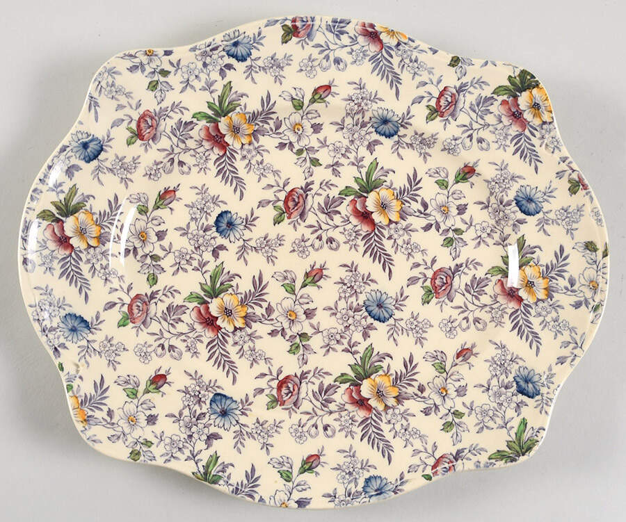 Old English Chintz Lavender Multicolor (Sovereign) 12" Oval Serving Platter by Johnson Brothers-1